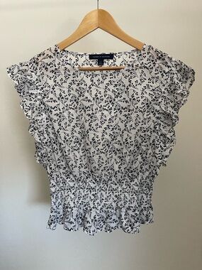 Tommy Hilfiger White Blouse with Black Floral Print and Ruffle Sleeves